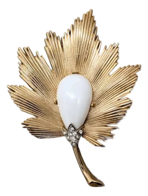Vintage 1960s Signed Crown Trifari White Rhinestone Leaf Brooch