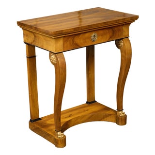 19th Century Biedermeier Walnut Console Table with Large Volutes, Pilasters and Gilt Accents For Sale