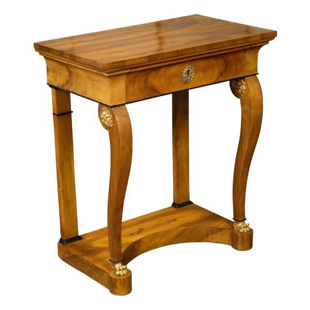 19th Century Biedermeier Walnut Console Table with Large Volutes, Pilasters and Gilt Accents For Sale