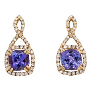 1.55ct Tanzanite Stud Earrings, Solid 14k Yellow Gold – Cushion 5mm For Sale