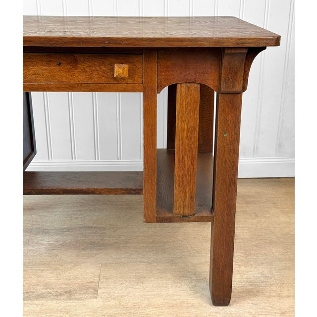 Wood Antique Arts & Crafts Quartersawn Oak Partners Library Desk For Sale - Image 7 of 14