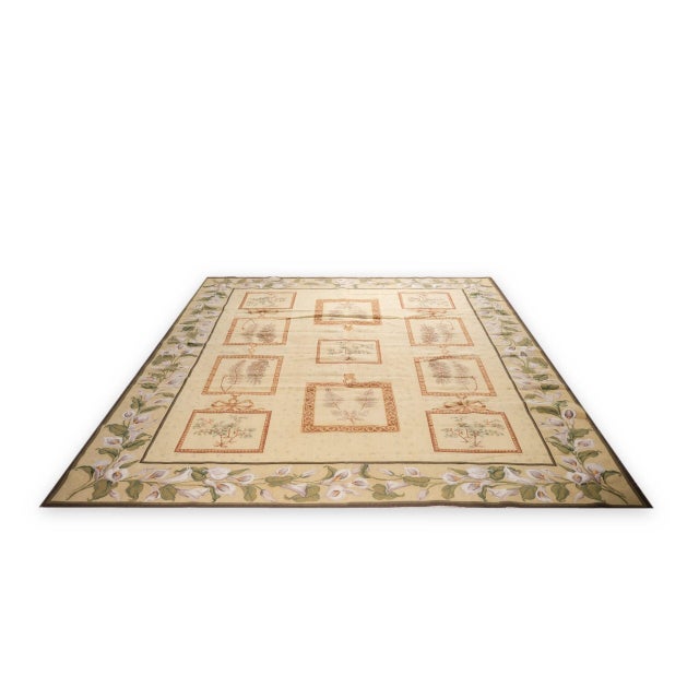 8x10 Vintage Aubusson Flat Weave Wool Rug, Ivory Botanical Panel For Sale - Image 10 of 13