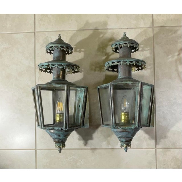 Antique/Vintage Pair of Solid Brass Patina Exterior Wall Lanterns / Sconces For Sale In Miami - Image 6 of 18