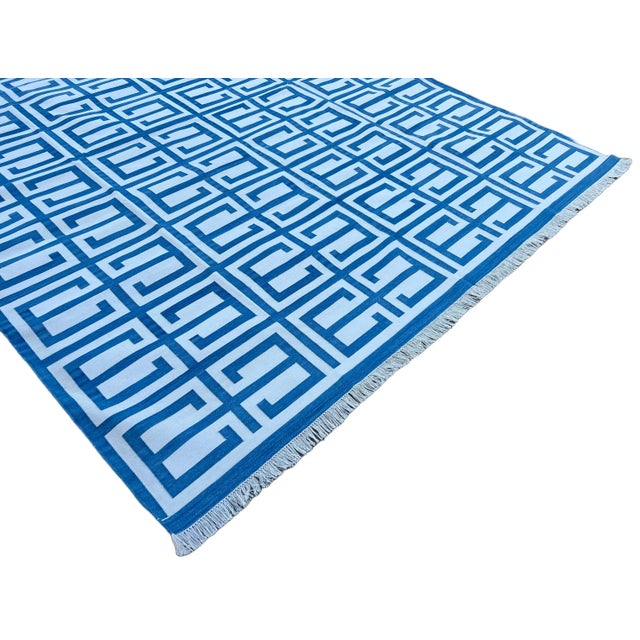 Not Yet Made - Made To Order Handmade Cotton Natural Vegetable Dyed Sky Blue and White Geometric Pattern Rug - 10'x14' For Sale - Image 6 of 11
