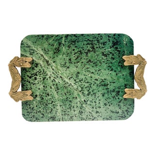 Vintage Georges Briard Green Granite Tray With Brass Handles For Sale