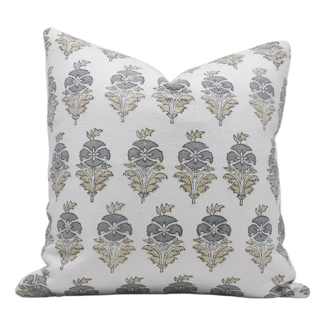 Fabdivine Floral Block Print Pillow Cover 18x18 Inch Off-White Linen-Mor Mukut For Sale