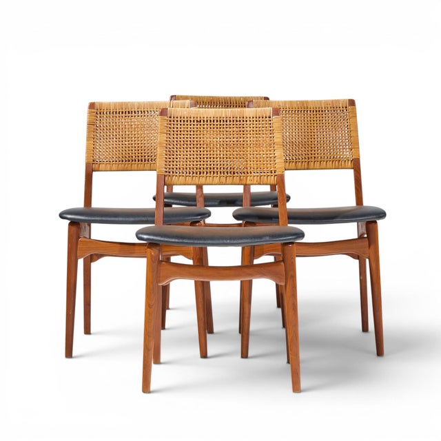 E. Knudsen for Jensen & Lykkegaard Model 47 Mid Century Danish Teak and Cane Dining Chairs - Set of 4 Each chair measures:...