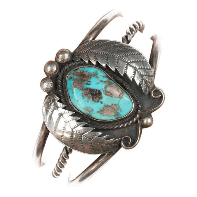 6" 1970's Native American sterling cuff bracelet with turquoise For Sale