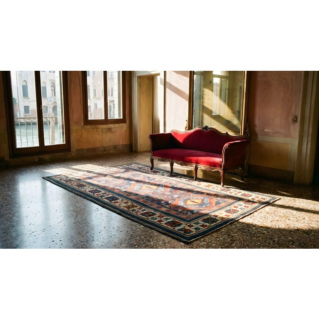 Textile 1890s Blue Navy Geometric Tribal Caucasian Kuba Rug 3'9" X 5'3" Wool Handknotted Carpet For Sale - Image 7 of 9