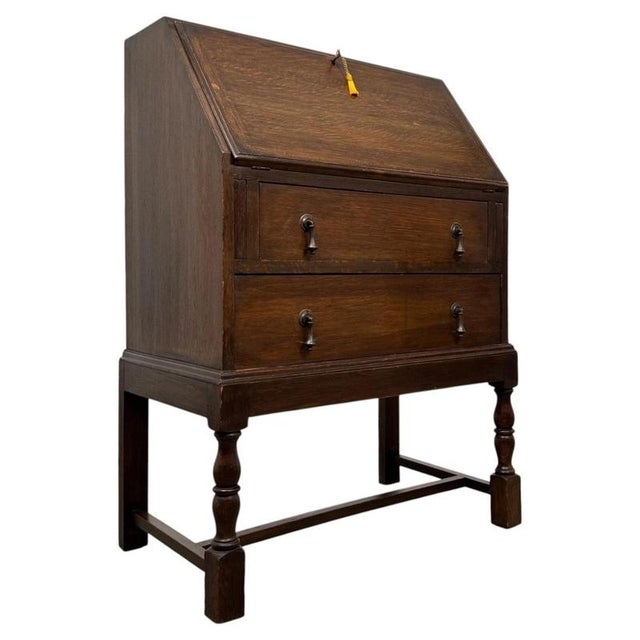 Wood Antique Early 20th Century Edwardian Oak Bureau For Sale - Image 7 of 14