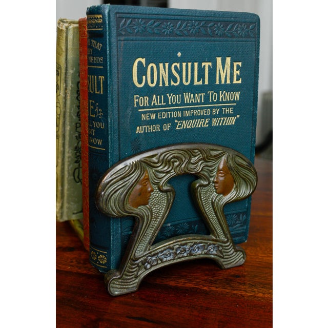 1920s Art Nouveau Brass Bookends Book Rack Adjustable Length Telescoping Judd Co. Twin Maidens For Sale - Image 5 of 10
