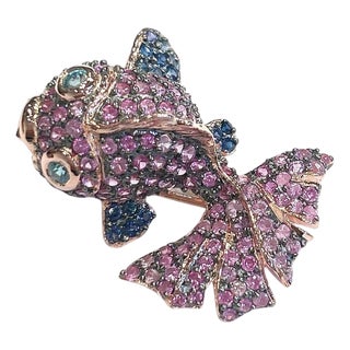 Bochic "Orient" Vintage Fancy Sapphire & Emerald Brooch - 18K Gold & Silver For Sale