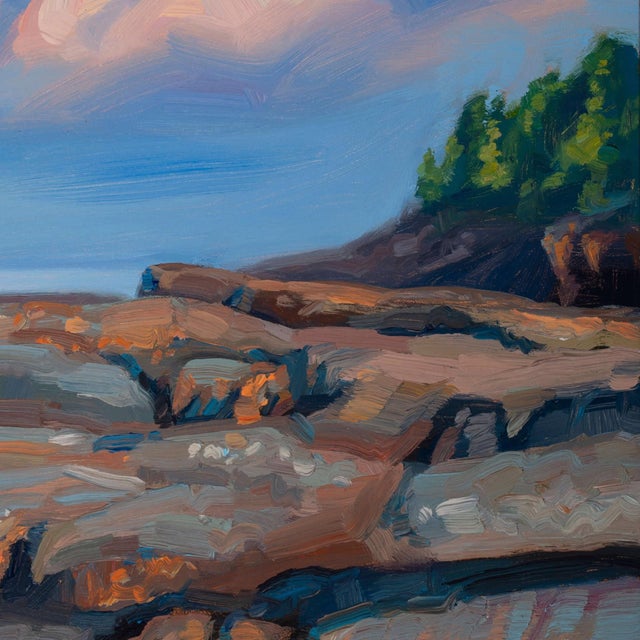 Early 21st Century Presque Isle (Day 95) June 24, 2022 by Primary Hughes | Oil on masonite Landscape with clouds and rocks For Sale - Image 5 of 5