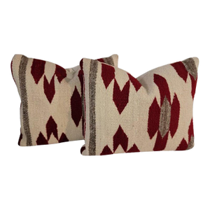 Pair of Red and White Wool Chevron Pillows, 1940s