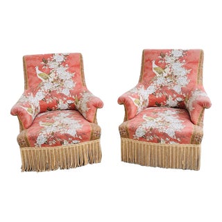 Upholstered Slipper Lounge Chairs Depicting Pheasants and Peon, Set of 2 For Sale