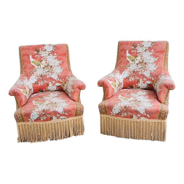 Upholstered Slipper Lounge Chairs Depicting Pheasants and Peon, Set of 2 For Sale