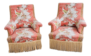 Upholstered Slipper Lounge Chairs Depicting Pheasants and Peon, Set of 2
