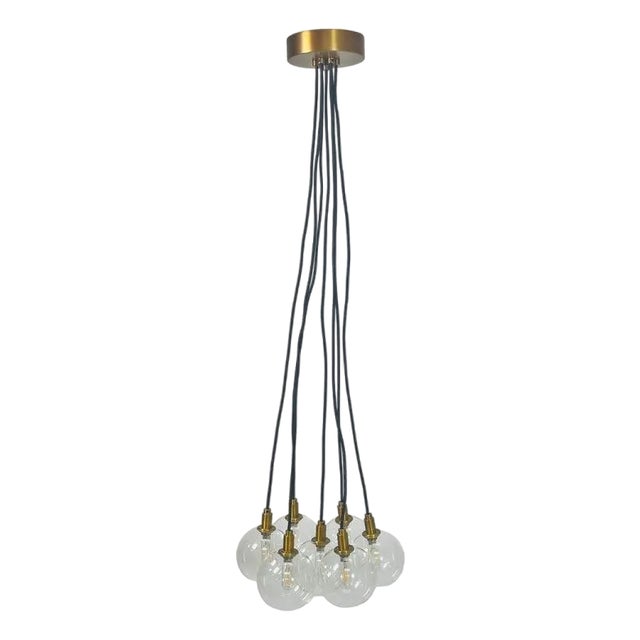 Modern 7-Light Cluster Chandelier With Oversized Glass Globes and Satin Brass For Sale