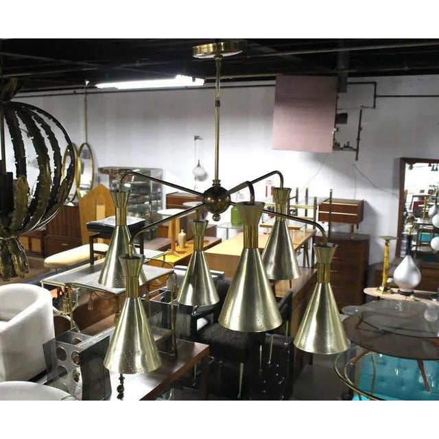 Very nice brass cone shades six arms Mid-Century Modern light fixture chandelier.
