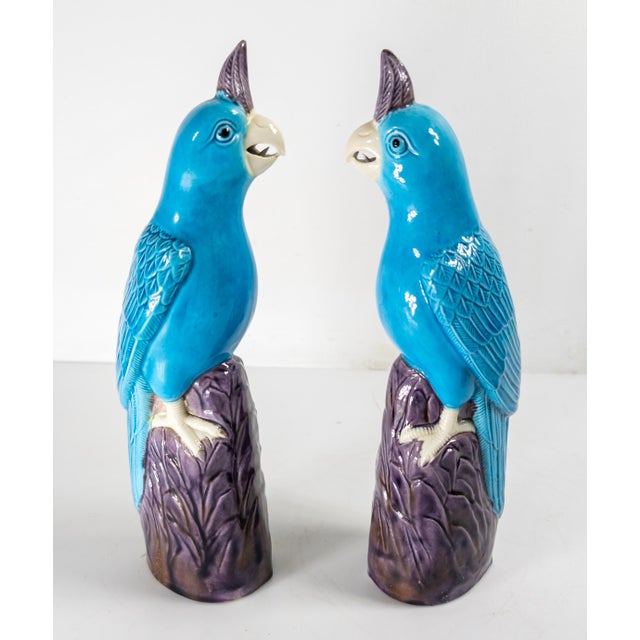Ceramic 20th Century Pair of Chinese Chinoiserie Turquoise Blue and Purple Parrot Figures For Sale - Image 7 of 13