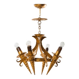 Mid 20th Century Spanish Gilt Metal Medieval Revival 4-Light Torch Chandelier For Sale