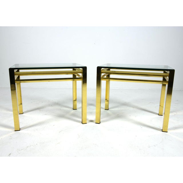 Hollywood Regency Mid 20th Century Pair of Maison Jansen Style Brass & Glass Side Tables For Sale - Image 3 of 7