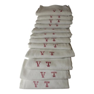 Antique French Aged White Cotton Damask Napkins - Set of 12 For Sale
