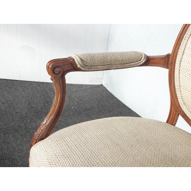 Wood Vintage French Provincial Burlap Linen Side Arm Chair W Ornate Frame For Sale - Image 7 of 15
