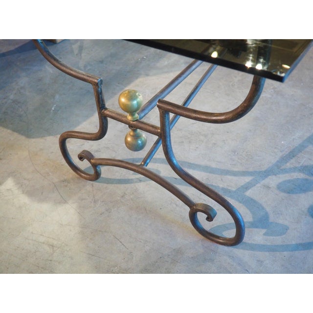 A French 1970s Wrought Iron and Brass Dining Table With Smoked Glass Top For Sale - Image 10 of 18