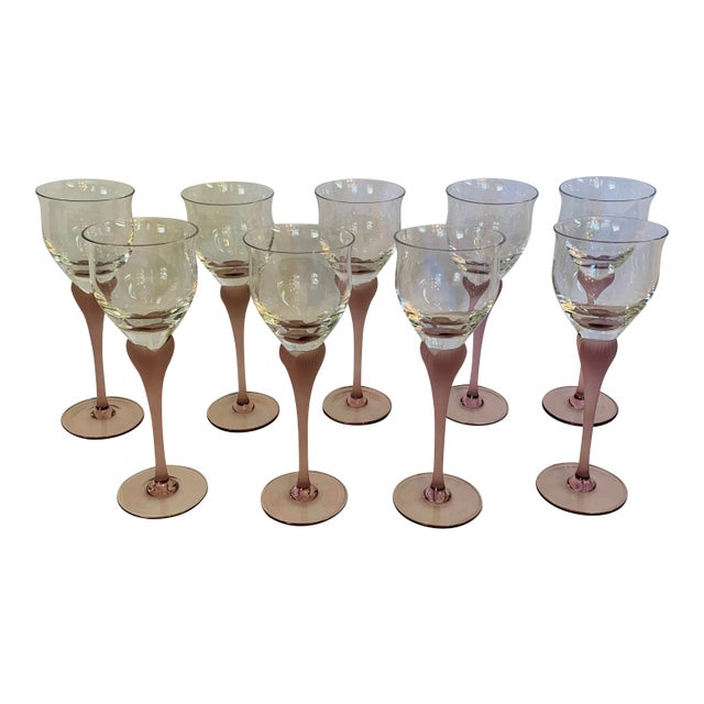 Vintage Frosted Dusty Rose-Color Stem Deco-Style Wine Glasses- Set of 9 For Sale