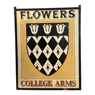 Vintage Double Sided English Pub Sign on Metal Flowers College Arms Crest & Tulips For Sale