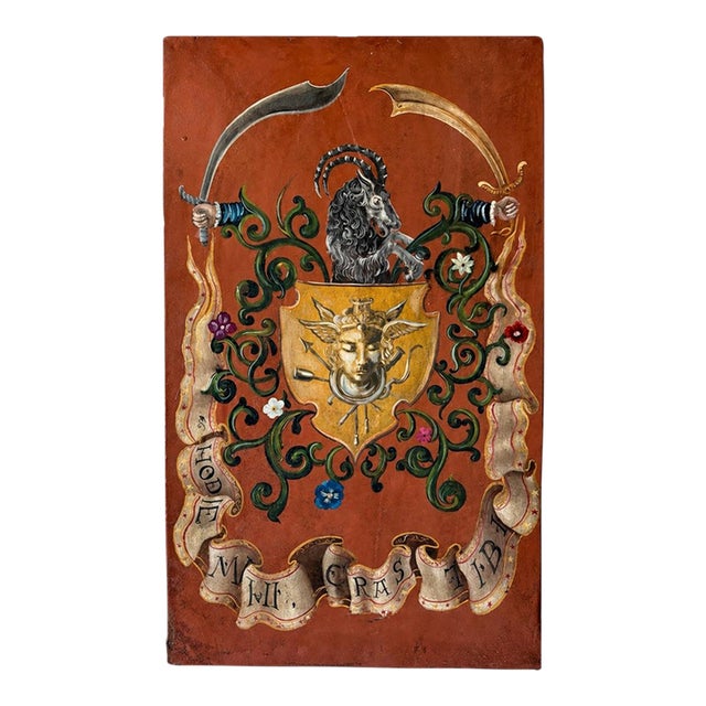 Hand Painted Oil on Wood Memento Mori Coat of Arms Heraldry Wall Plaque For Sale