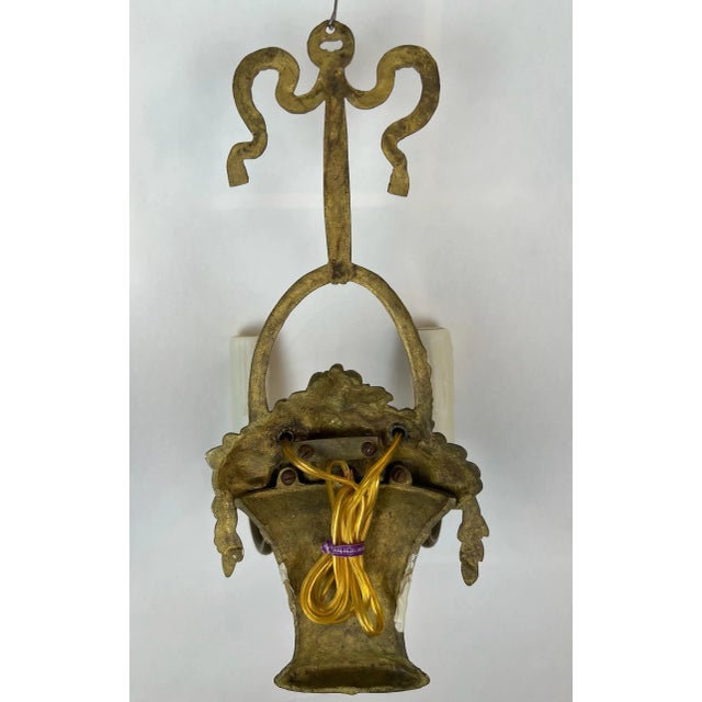Pair of Vintage French Gilded Bronze Fruit & Flower Basket Wall Sconces, Louis XVI Style For Sale - Image 9 of 10
