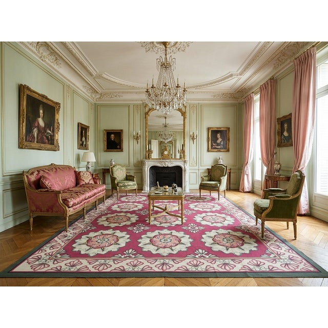 9x12 Vintage Aubusson Flat Weave Wool Rug, Raspberry Rosette For Sale - Image 10 of 12