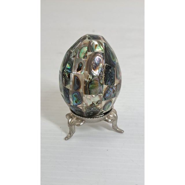 Paint Lot of 2 Decorative Eggs – Abalone Shell Mosaic & Monet Green Enamel Egg Box For Sale - Image 7 of 10
