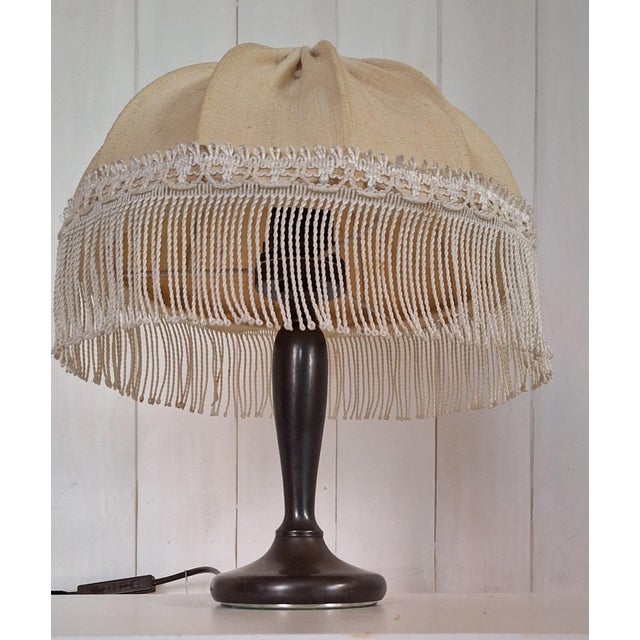 Vintage Table Lamp with Patinated Brass Base and Fringed Shade, 1980s For Sale - Image 6 of 7