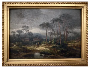 Cölestin Brügner, Pond with a Church Tower and a Couple, 19th Century, Oil Painting, Framed