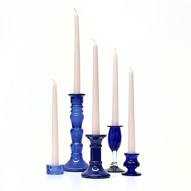 Assorted cobalt candle holders, group of 5. A gorgeous set of cobalt candle holders comes in a variety of shapes, sizes,...