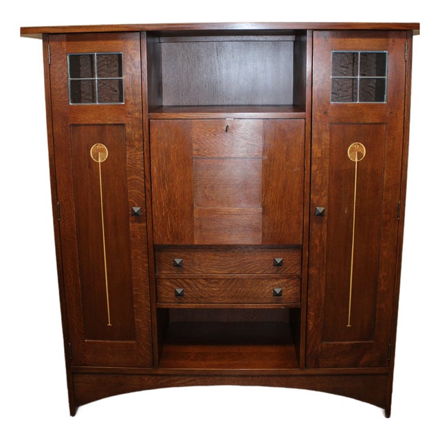 Stickley Mission Collection Harvey Ellis Inlaid Oak Fall Front Bookcase For Sale