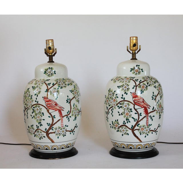 Chinoiserie Vintage Ginger Jar Style Chinoiserie Ceramic Table Lamps - A Pair For Sale - Image 3 of 12