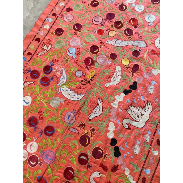 Coral Silk Suzani Wall Decor With White Cranes For Sale - Image 4 of 9