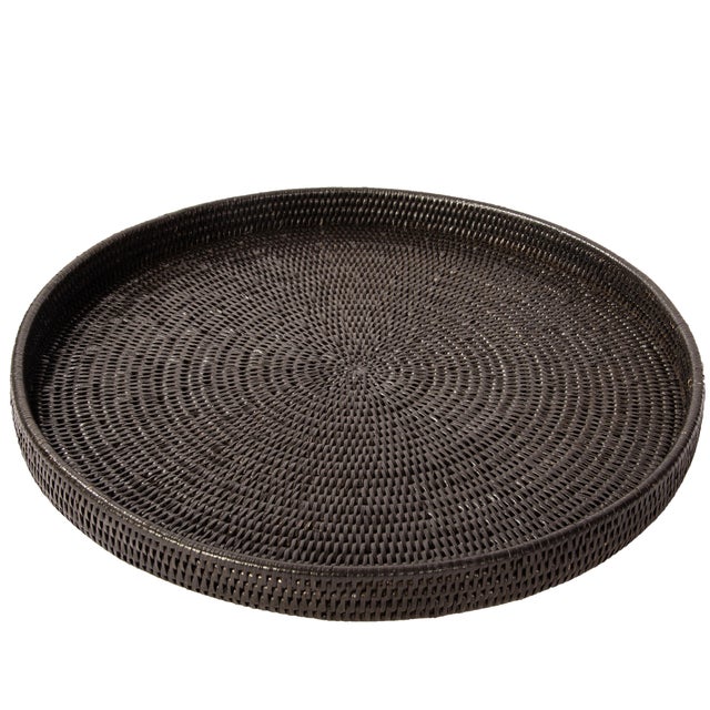 2020s Artifacts Rattan Round Serving Ottoman Tray 32" Diameter, Tudor Black For Sale - Image 5 of 5