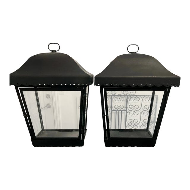 Vintage Pagoda Style Black Tole Display Diorama Lanterns a Pair For Sale