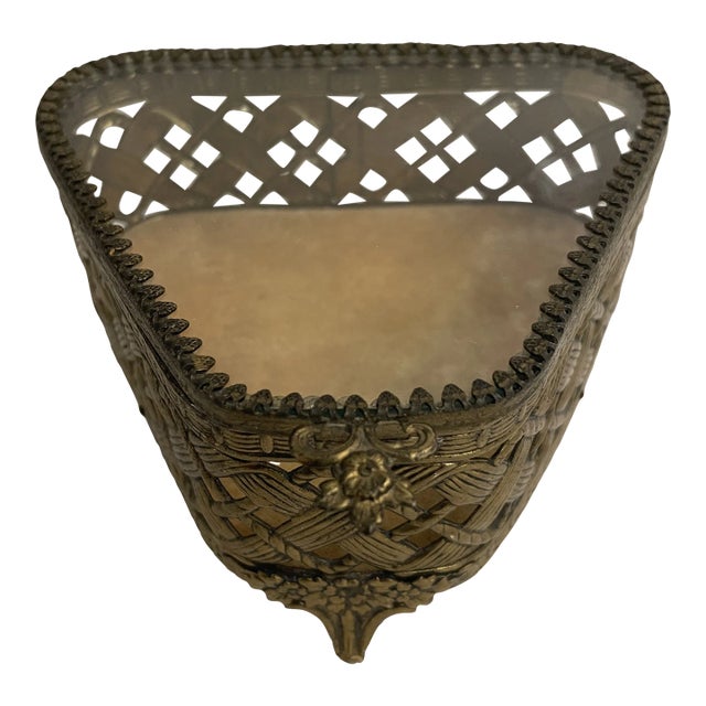 Vintage Filagree Brass Plated and Glass Footed Jewelry Box For Sale