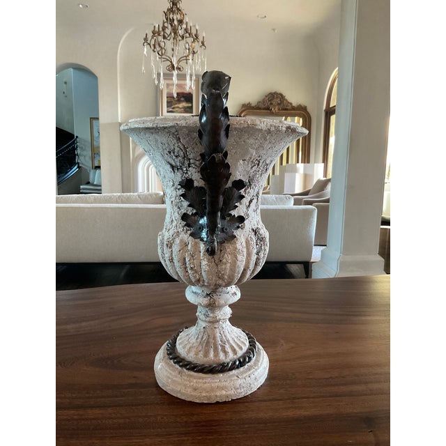 Shabby Chic Vintage 20th Century Distressed Stone and Decorative Iron Urn For Sale - Image 3 of 11