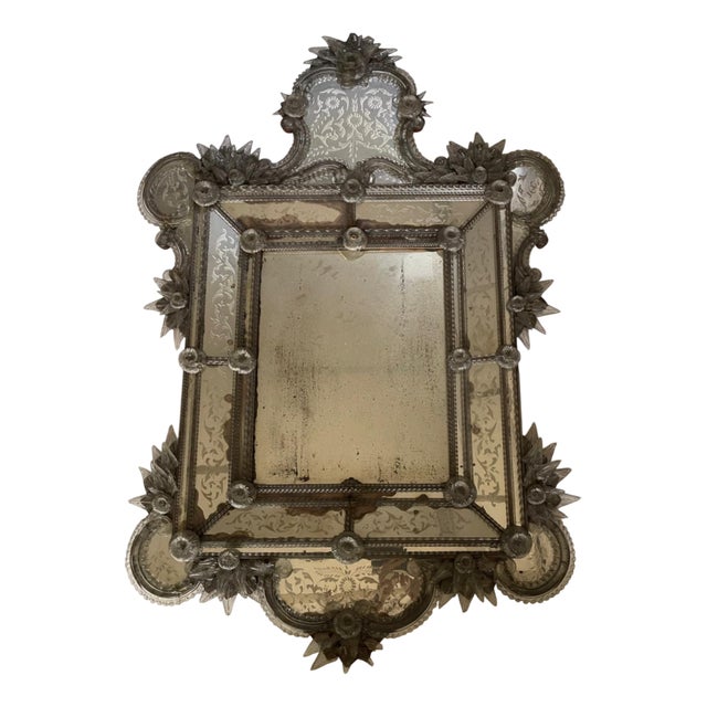 Venetian Mirror in Engraved Glass with Applied Flowers, 1890s For Sale