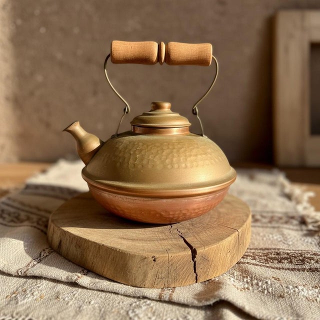 Handcrafted hammered copper and brass kettle made in Chile, circa 1960s-1980s. During the mid-20th century, Chile became...