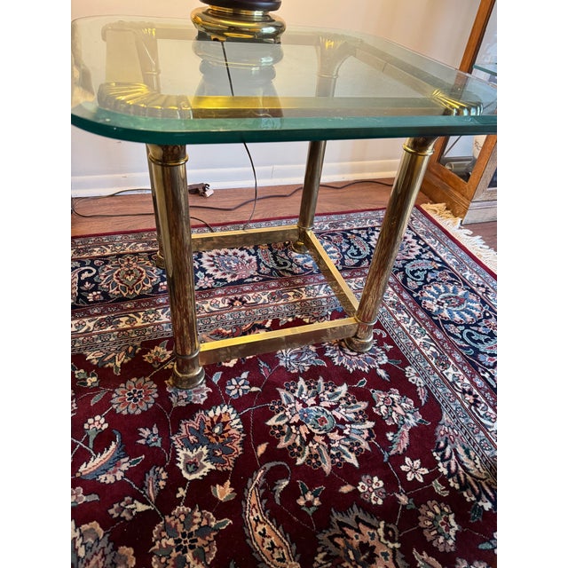 Hollywood Regency 1970s Hollywood Regency Brass Glass End Table Square Scalloped Corner Accent For Sale - Image 3 of 5