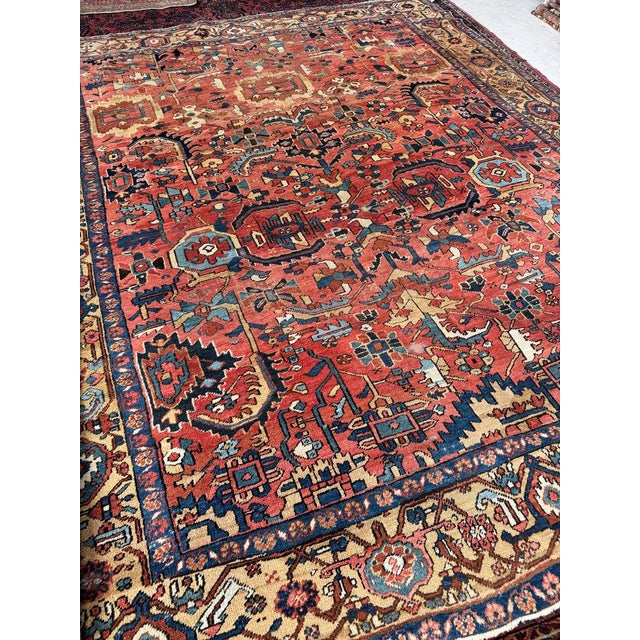 Textile Antique Heriz Village Carpet Rare Camel Border with Coral Ground in Naive Harshang Design with Sickle Leaf Motif Rug 9.4 x 11.4 For Sale - Image 7 of 16