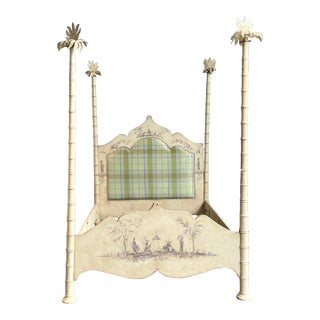 Vintage Italian Patina Hand Painted Palm Tree Queen Poster Bed For Sale